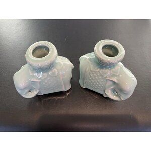 Celadon Ceramic Asian Elephant Candle Holders Vintage, Pair